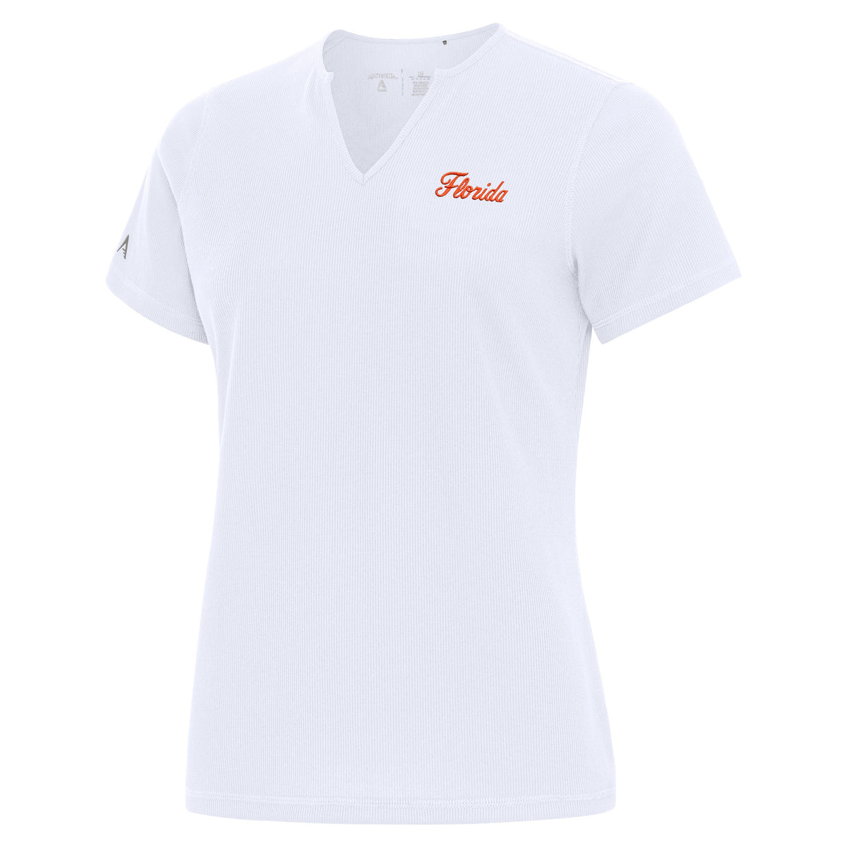 NCAA Florida Gators Antigua Ladies Script Traveler White Rib Top