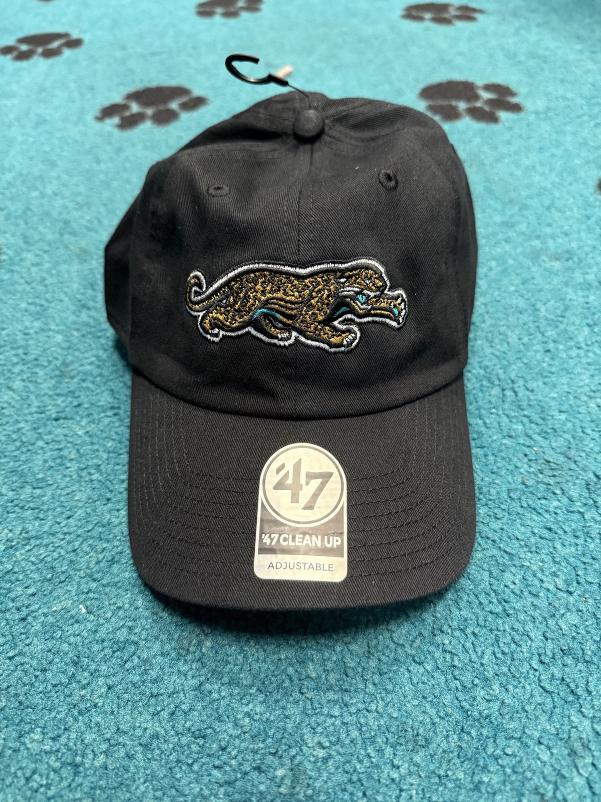 '47 Brand Clean Up adjustable hat in black with the Jacksonville Jaguars Prowler logo, front view