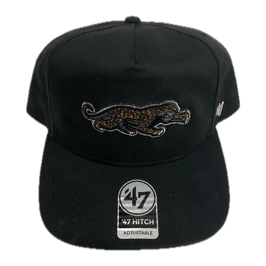 '47 Brand Hitch adjustable hat in black with the Jacksonville Jaguars Prowler logo, front view