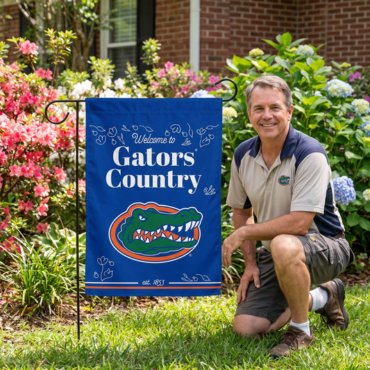 NCAA Florida Gators Rico Welcome to Gators Country 13x18 Garden Flag - on-model lifestyle photo