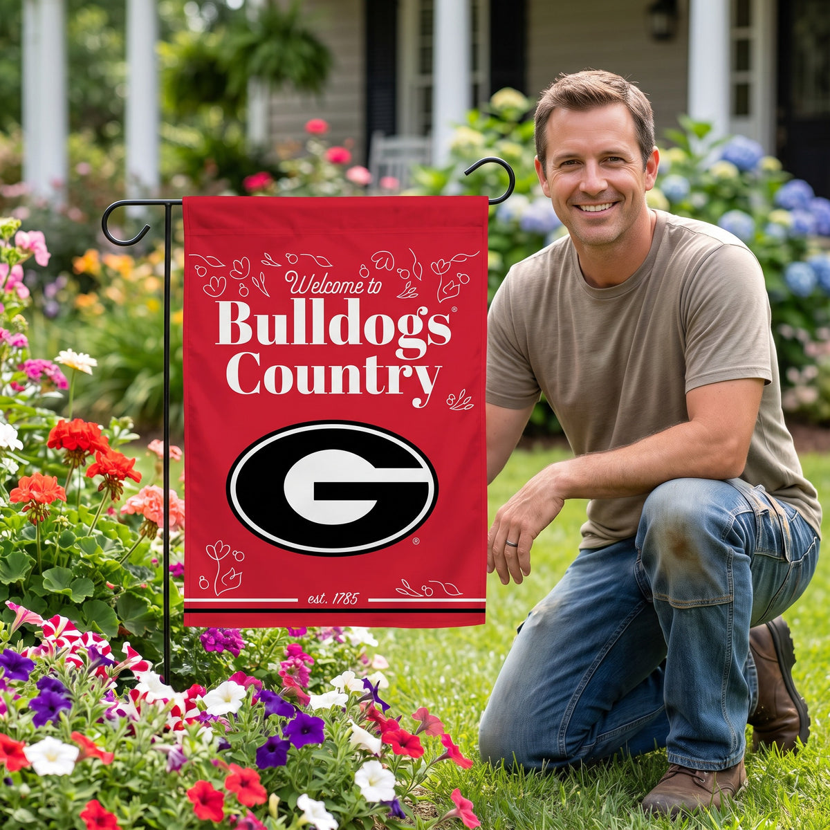 NCAA Georgia Bulldogs Rico Welcome to Bulldogs Country 13x18 Garden Flag - on-model lifestyle photo