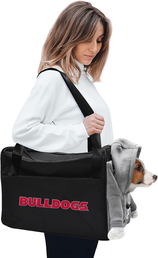 NCAA GEORGIA BULLDOGS FURRY FAN PET DOG CAT TRAVEL CARRIER w/ HOODIE ACCENT