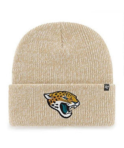 Jacksonville Jaguars khaki cuff knit beanie with raised team embroidery, soft acrylic stretch fit