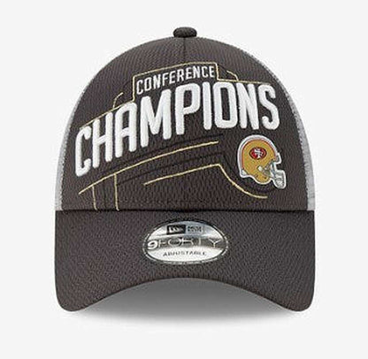 San Francisco 49ERS 2020 Conference Champions black and grey 9FORTY snapback cap with curved visor and adjustable closure