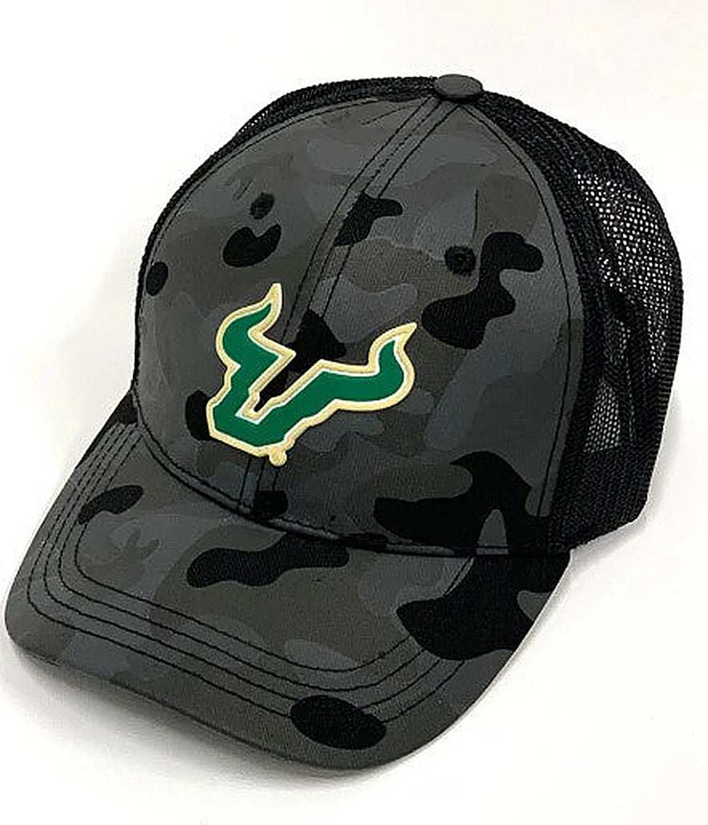 USF Bulls FloGrown black camo mesh adjustable trucker hat with embroidered patch and snapback closure