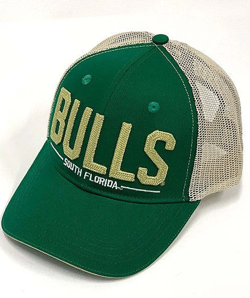 USF Bulls rope embroidery mesh adjustable trucker hat with curved visor and snapback closure