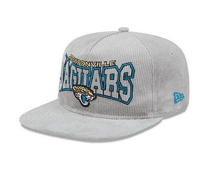 Gray corduroy Jacksonville Jaguars New Era Golfer snapback hat with embroidered logo and adjustable snapback closure