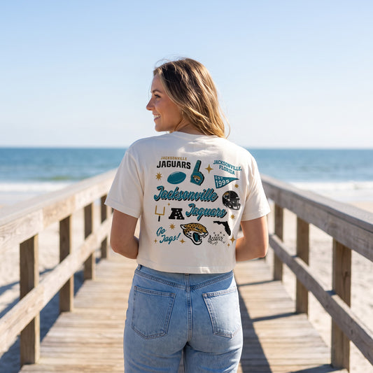 Jacksonville Jaguars 47 Brand Play Maker Ivory Crop Top - on-model lifestyle photo