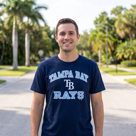 Tampa Bay Rays Word Mark Short Sleeve T-shirt Navy - on-model lifestyle photo
