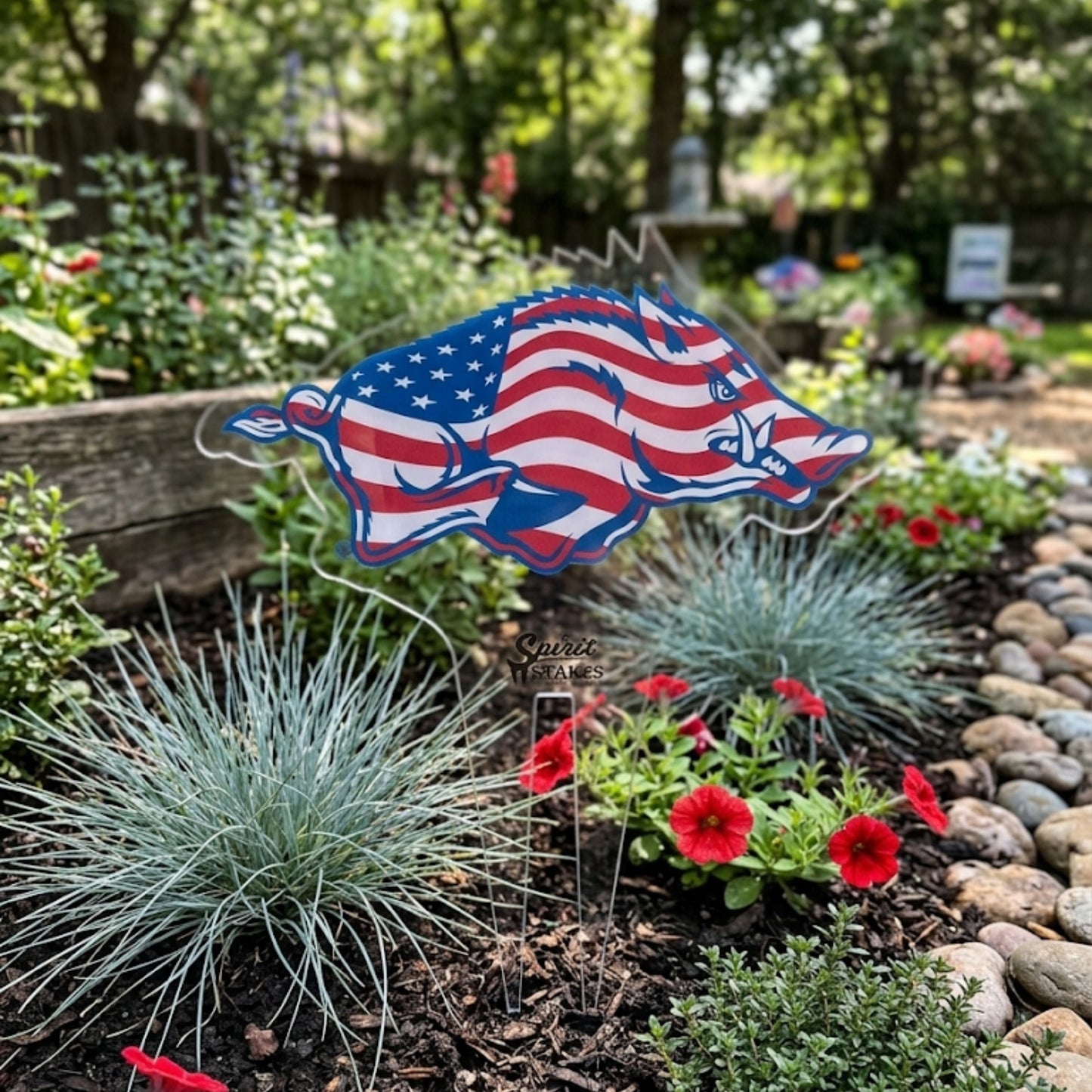 Arkansas American Flag Razorback Garden Sign