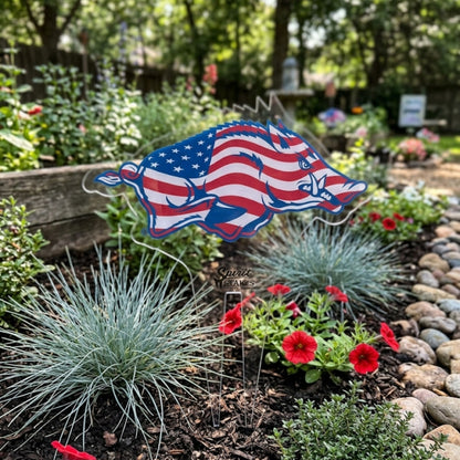 Arkansas American Flag Razorback Garden Sign