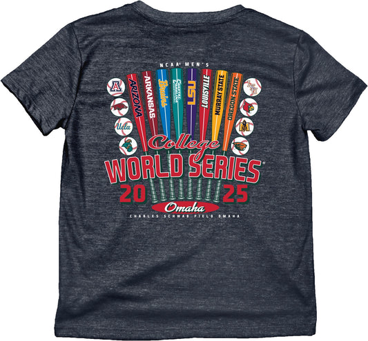 NCAA Mens College World Series 2025 8 Team Break Bats Navy T-Shirt