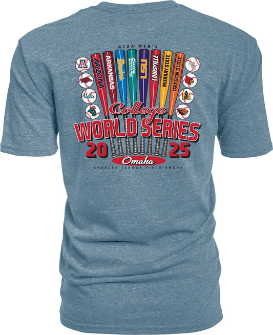 NCAA Mens College World Series 2025 8 Team Break Bats Glacier T-Shirt