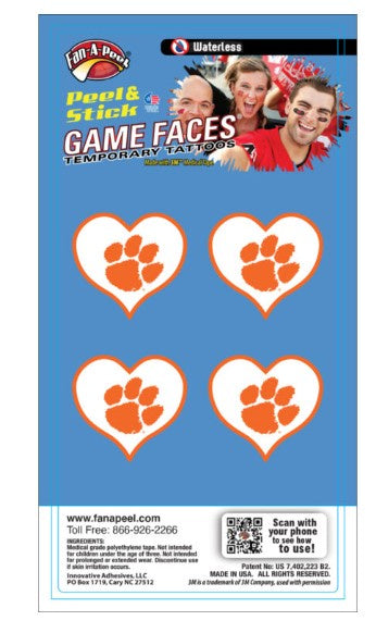 Clemson Tigers Fan A Peel Paw Hearts Face Tattoos