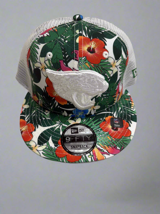 Jacksonville Jaguars 9Fifty Sports Mania Exclusive Custom Floral White Tonal Logo Trucker Snapback Hat
