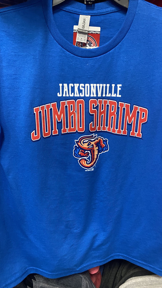 Jacksonville jumbo Shrimp Brimm Ridder YOUTH Blue Baseball T-Shirt