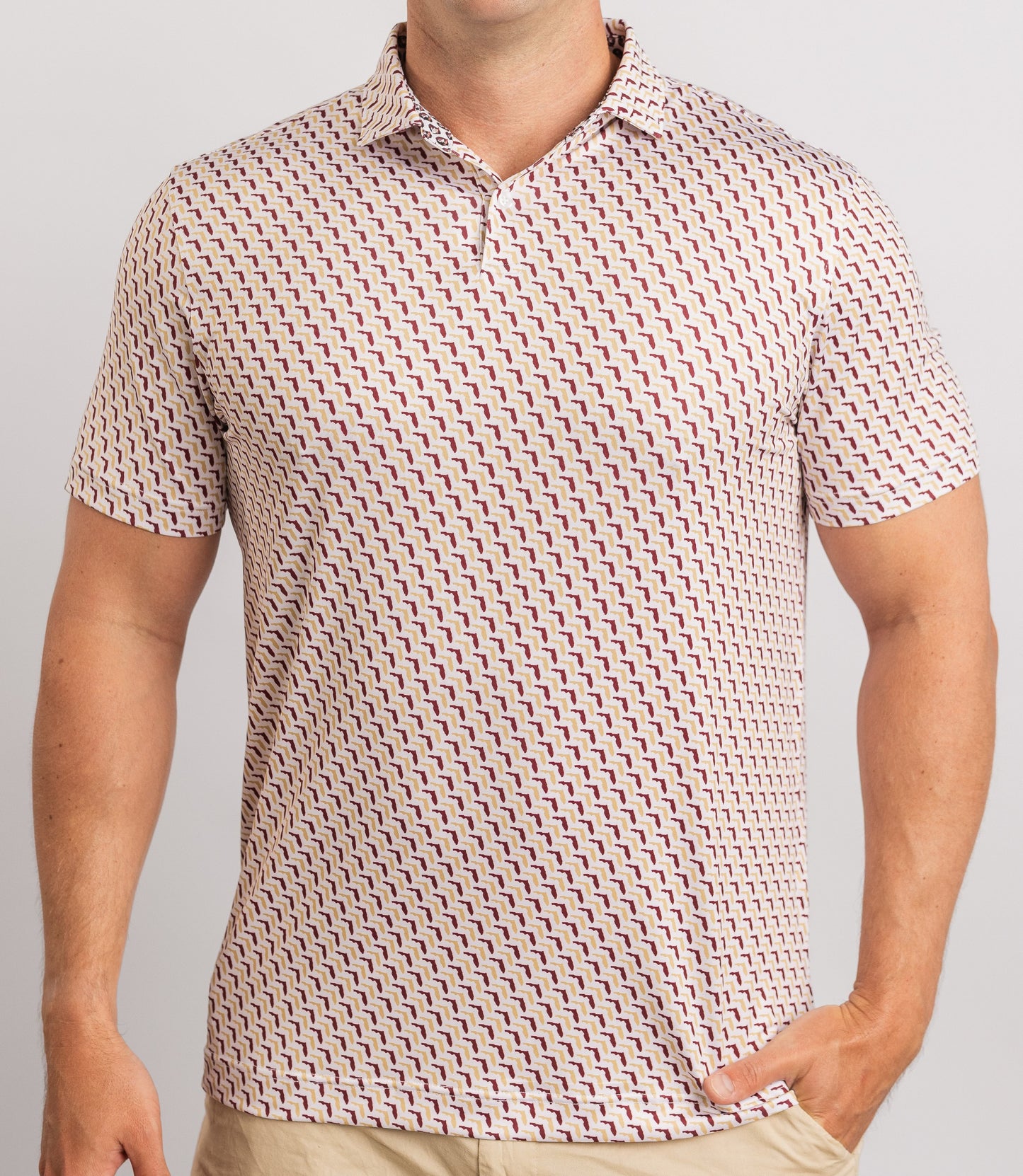 FSU Garnet & Gold State Pride Polo — on-model