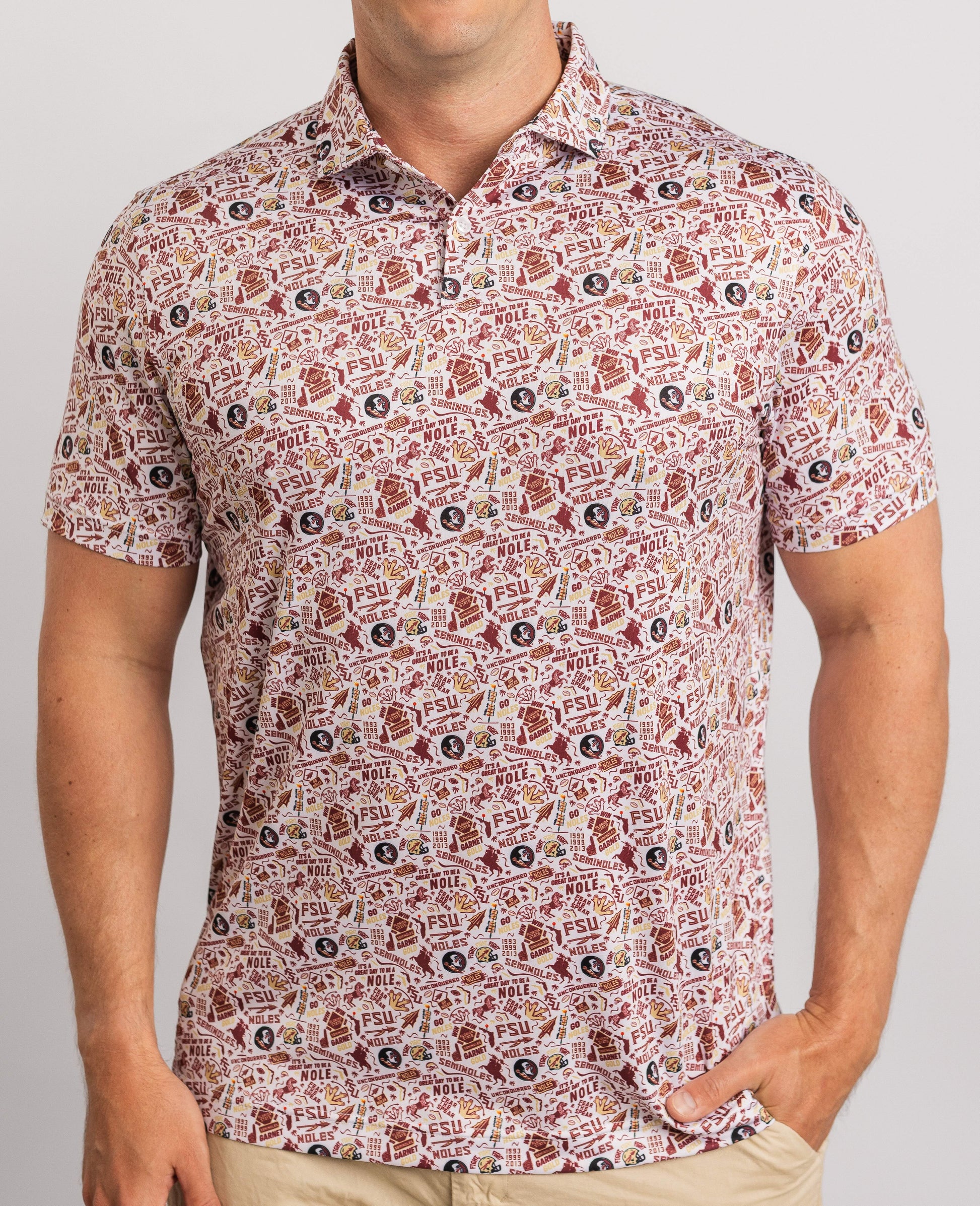 FSU Nole Gameday Print Polo — on-model