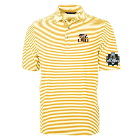 NCAA Mens College World Series 2025 LSU Tigers Cutter & Buck Virtue Eco Pique Stripe Recycled DryTec Polo - Gold