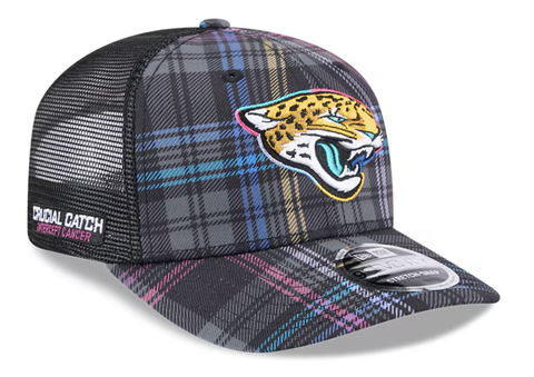 Jacksonville Jaguars 2024 NFL Crucial Catch Plaid 9SEVENTY Trucker Snapback Hat Men's New Era Black