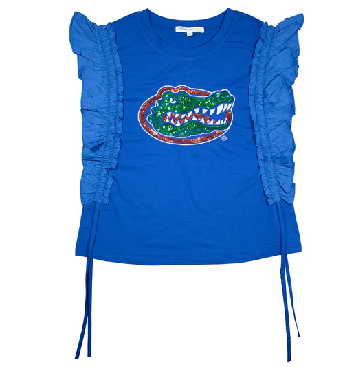 University of Florida Gators Capri Designs Women's Sequins Varsity Ruffle Short Sleeve with Side Ruching - officially licensed fan gear