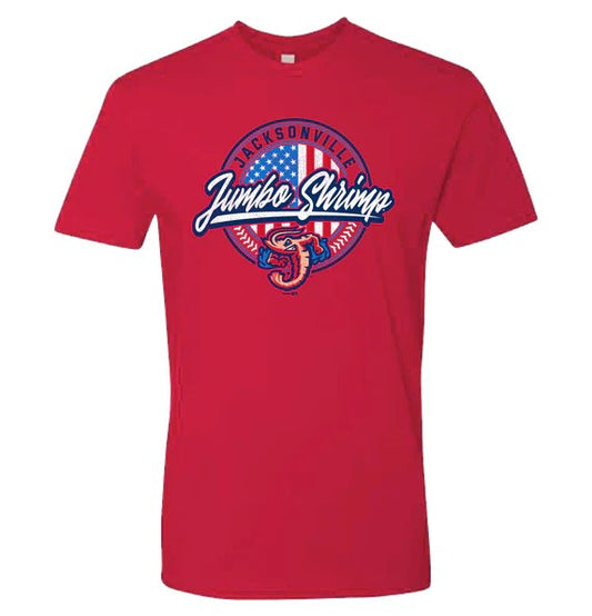 Jacksonville Jumbo Shrimp Red Shirt Americana Circle logo
