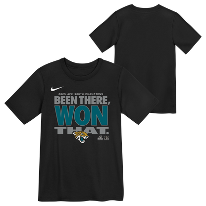 Jacksonville Jaguars 2025 AFC South Div Champs Locker Room Trophy T-Shirt Nike Youth - officially licensed fan gear