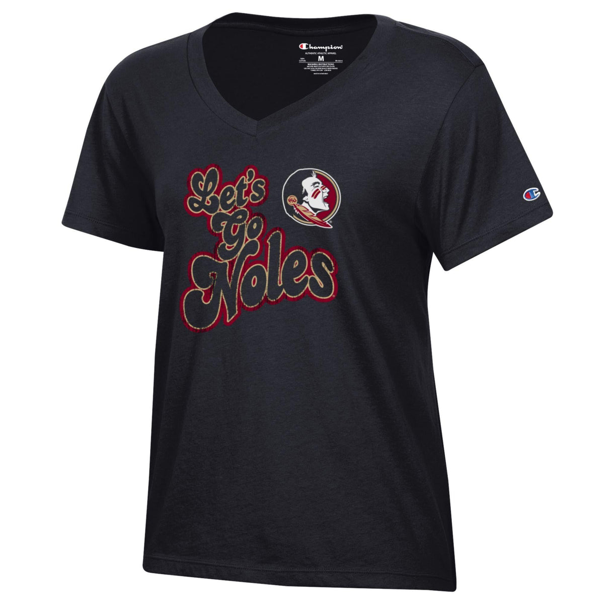 Florida State Seminoles Women's Champion Lets Go Noles Black Short Sleeve V-Neck Tee