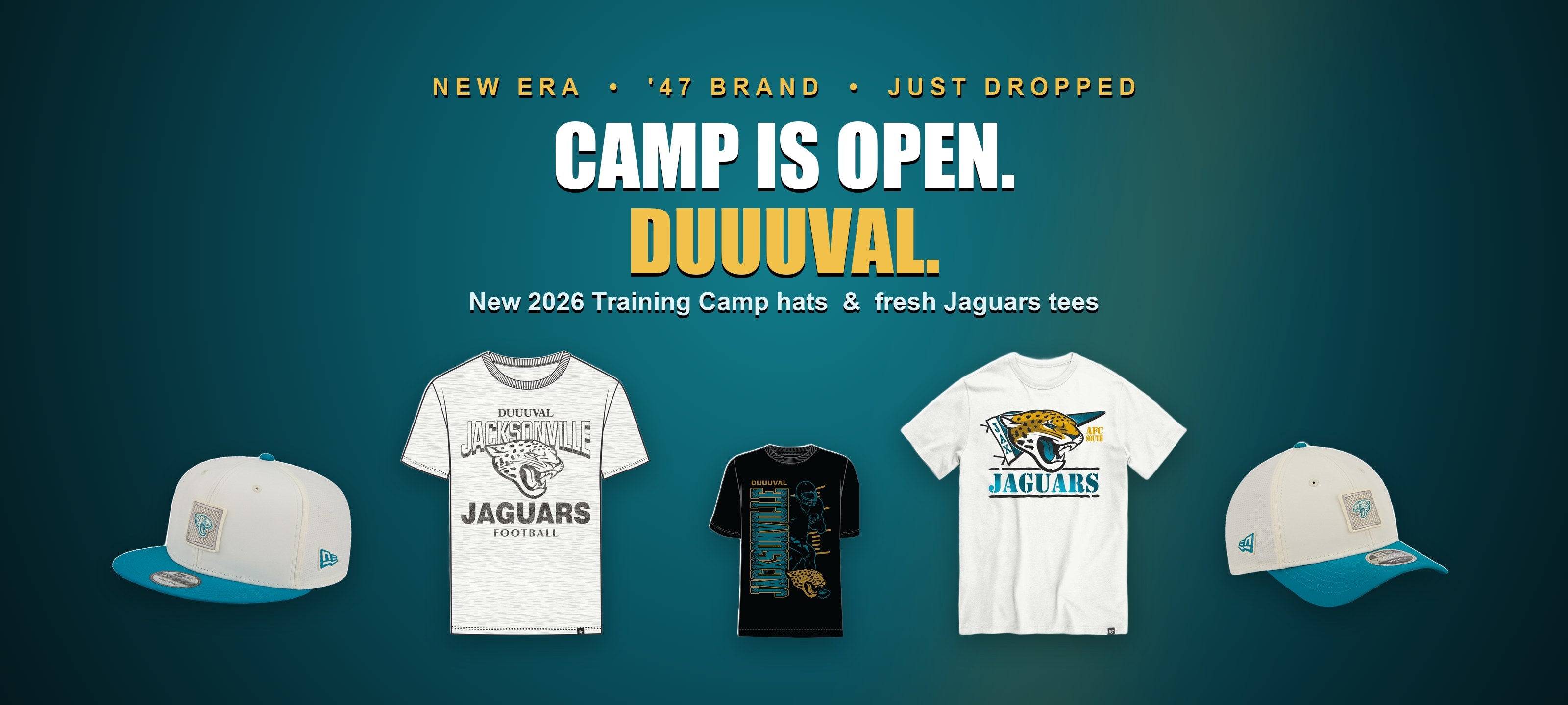 Jacksonville Jaguars 2026 Training Camp — new New Era hats and 47 Brand tees