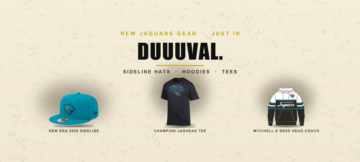 New Jacksonville Jaguars gear just in - New Era 2026 Sideline hat, Champion Jaghead tee and Mitchell & Ness Head Coach hoodie