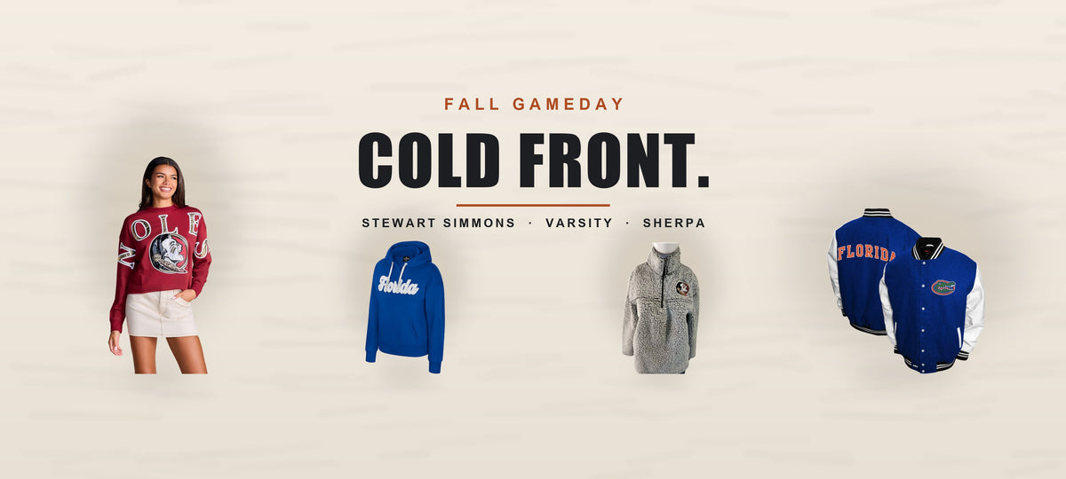 Cold Front - Stewart Simmons FSU crewneck, Florida hoodie, FSU sherpa and Florida varsity jacket at Sports Mania
