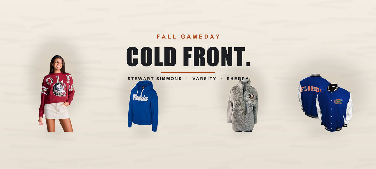 Fall gameday college cold weather - Stewart Simmons crewneck, Florida varsity jacket, sherpa and fleece
