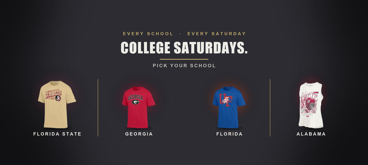 College Saturdays - Florida State, Georgia, Florida Gators and Alabama tees at Sports Mania