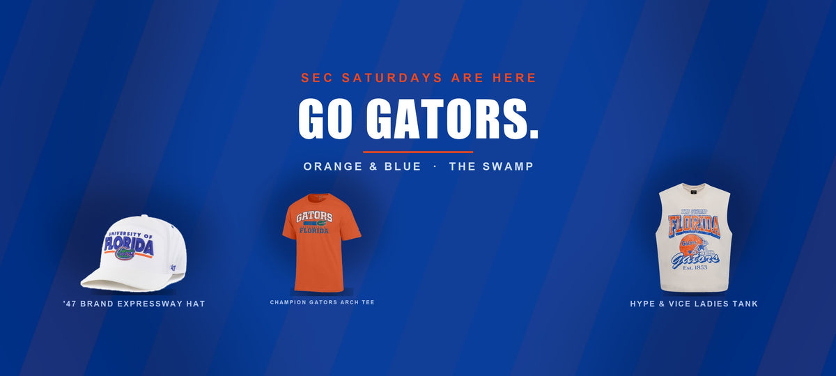Florida Gators SEC Saturdays - 47 Brand hat, Champion Gators arch tee, Hype and Vice ladies tank