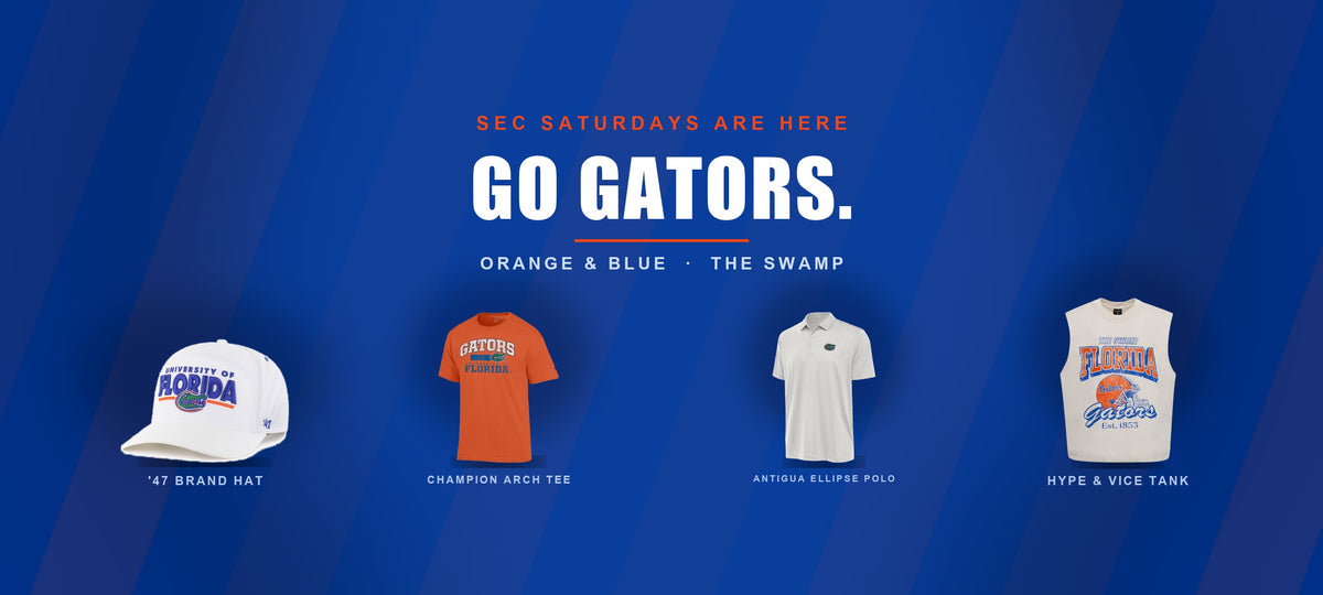 Florida Gators SEC Saturdays - 47 Brand hat, Champion arch tee, Antigua Ellipse polo, Hype and Vice tank