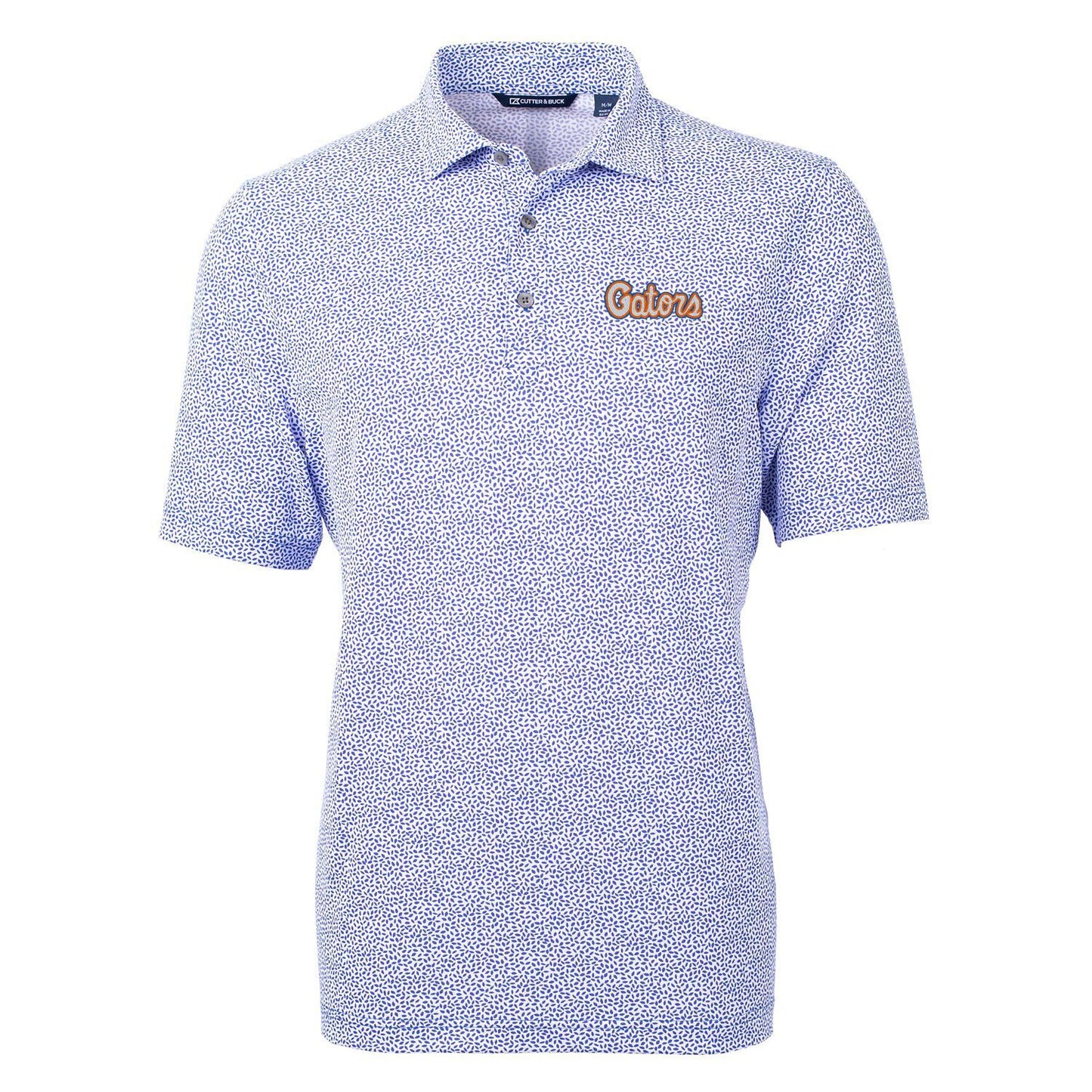 Florida Gators Cutter & Buck Script Logo Virtue Eco Pique Botanical Print Recycled DryTec Polo Blue - officially licensed fan gear