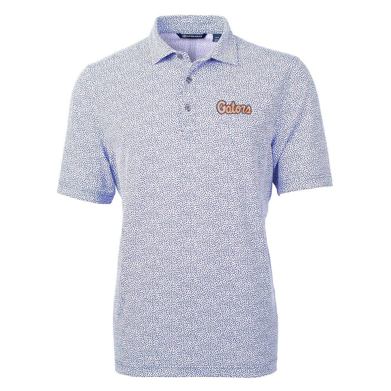 Florida Gators Cutter & Buck Script Logo Virtue Eco Pique Botanical Print Recycled DryTec Polo Blue