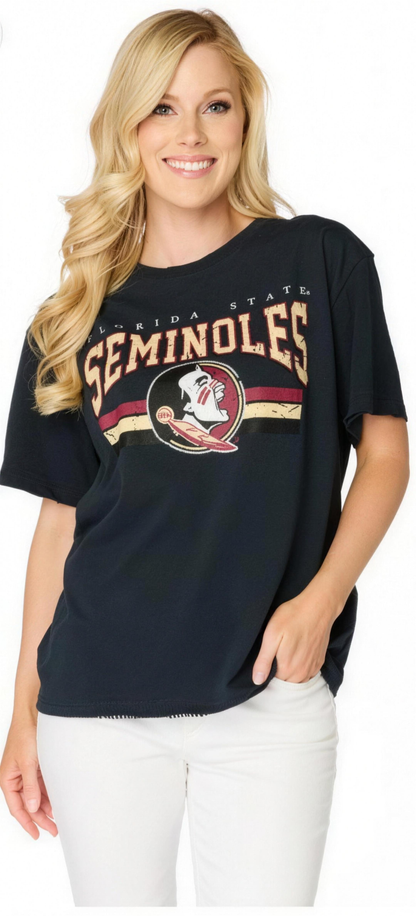 Florida State Seminoles Stewart Simmons ladies distressed boyfriend tee with relaxed fit and iconic team logo