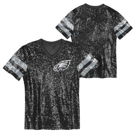 Girls Youth Philadelphia Eagles Black Wordmark Sequin V-Neck Top - officially licensed fan gear