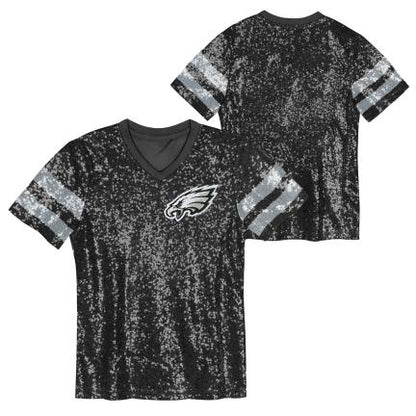 Girls Youth Philadelphia Eagles Black Wordmark Sequin V-Neck Top - officially licensed fan gear