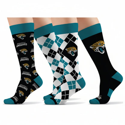 Three pairs of socks with Jacksonville Jaguars logo on a white background