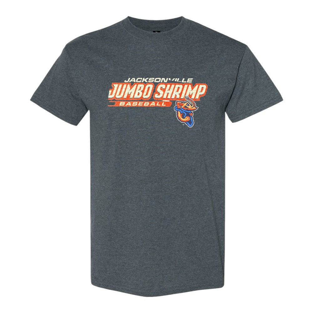 Jacksonville Jumbo Shrimp Brimm Ridder Charcoal Baseball T-Shirt - front
