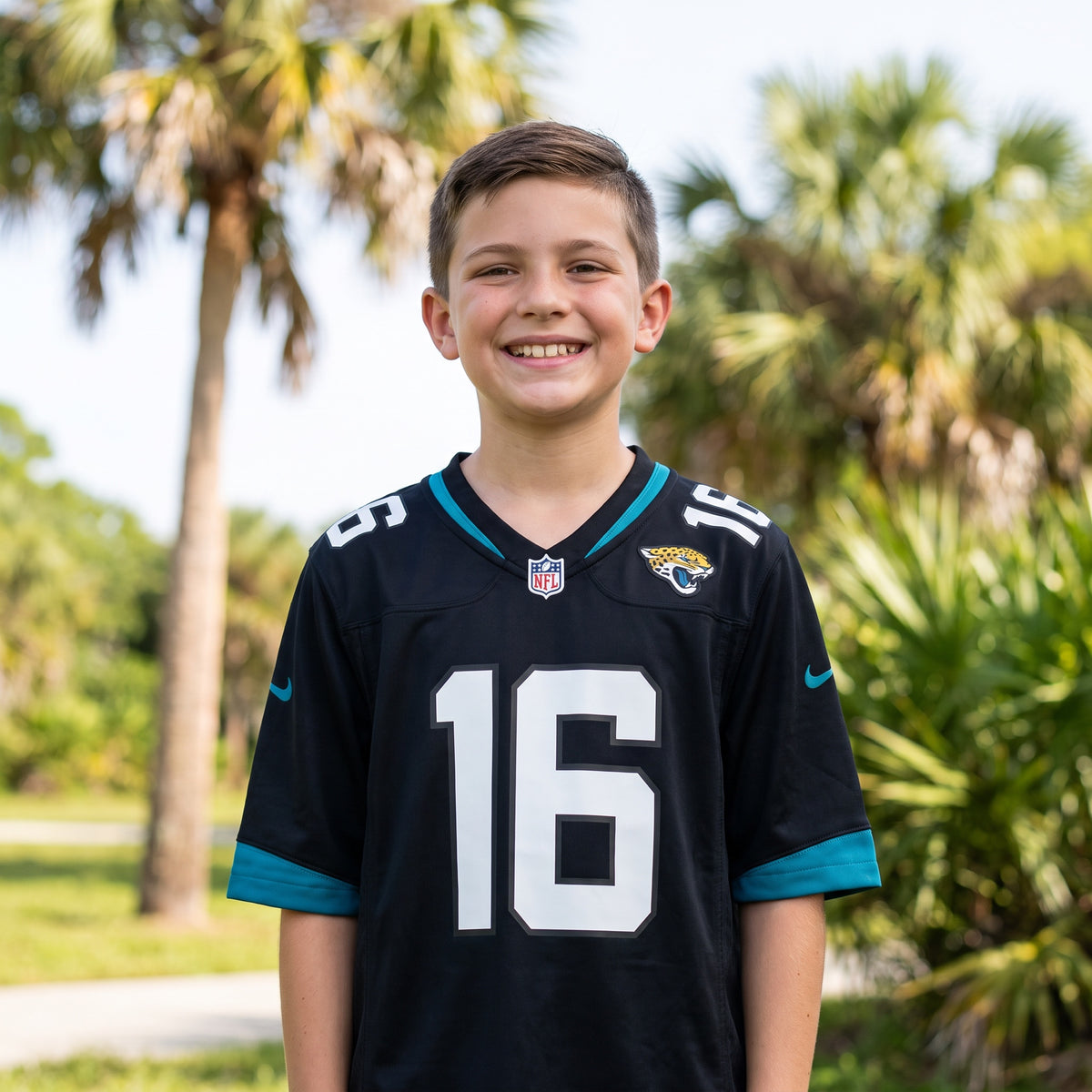 Jacksonville Jaguars Trevor Lawrence youth replica jersey worn in a park