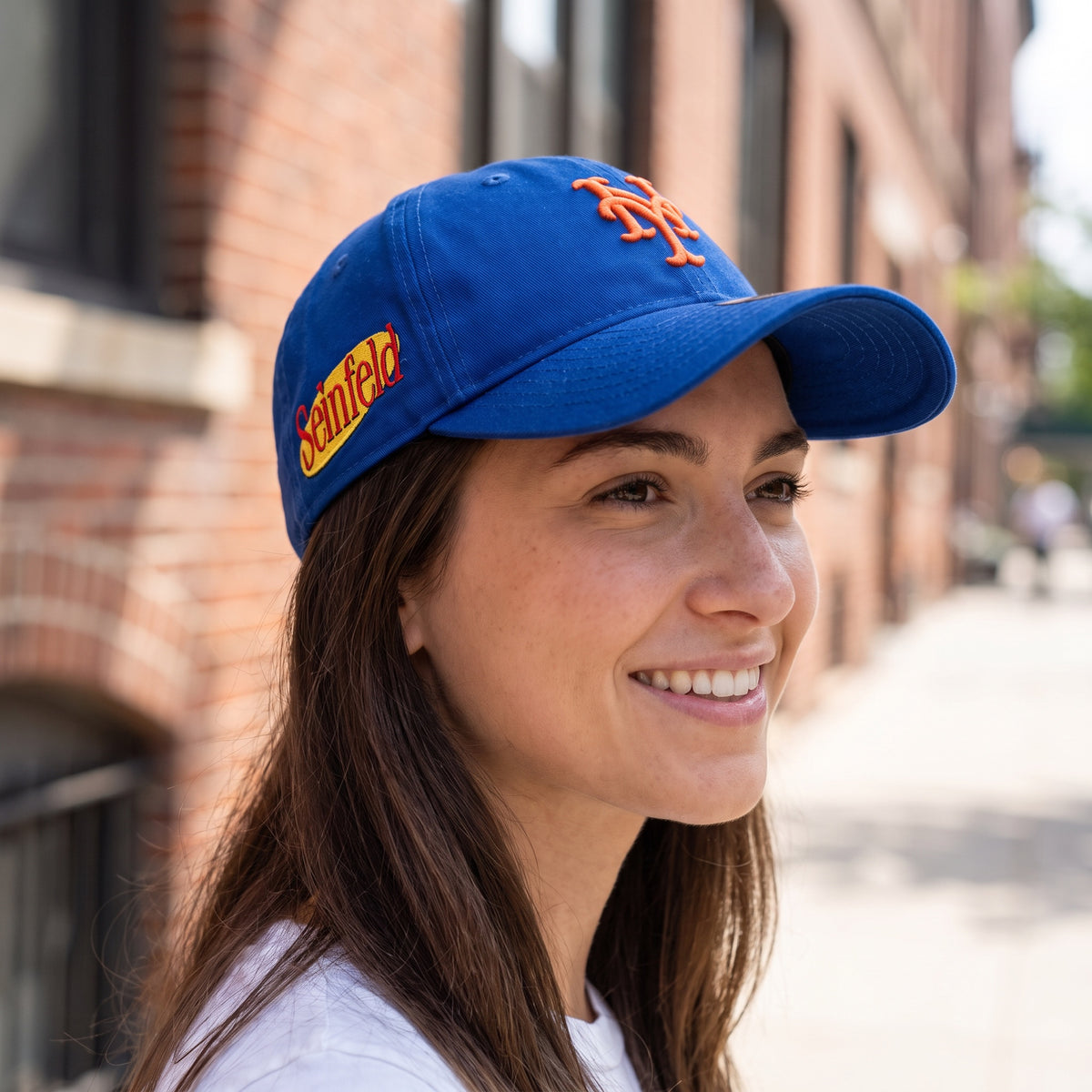 New York Mets New Era Seinfeld 9TWENTY cap worn on a city sidewalk
