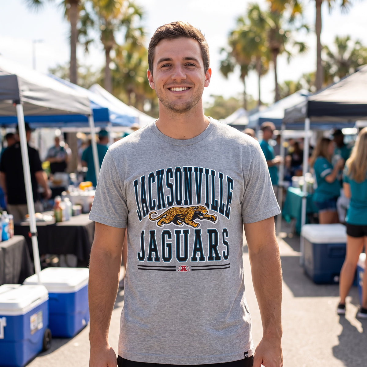 Jaguars Prowler '47 Hard Line Franklin tee worn at a tailgate