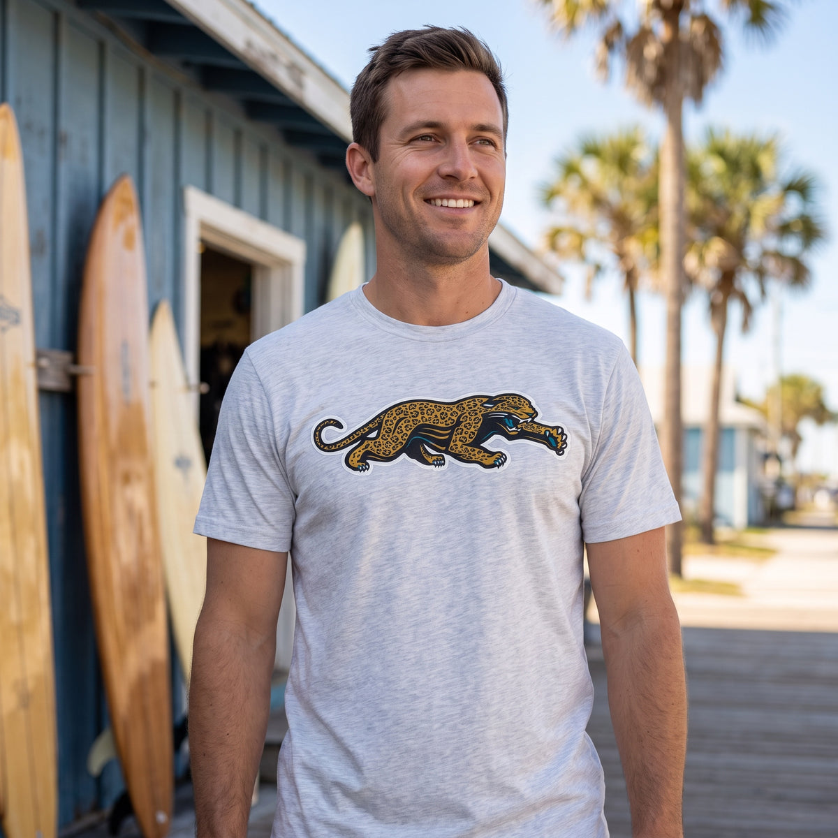 Jaguars Prowler '47 Relay Grey Franklin tee worn outside a surf shop