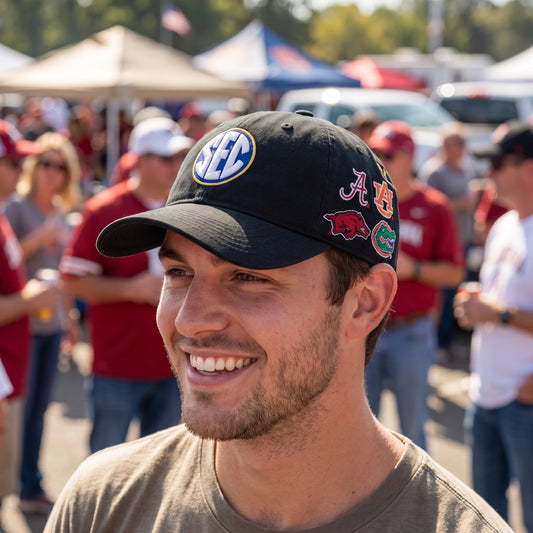 SEC Zephyr Allover 3D Scholar black hat worn at a tailgate