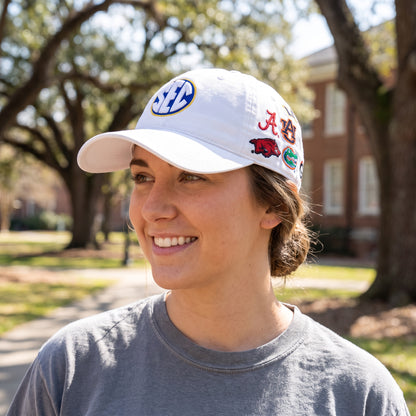 SEC Zephyr Allover 3D Scholar white hat worn on campus